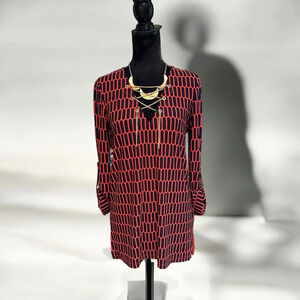 Michael Michael Kors Red Black Geometric Print Gold‎ chain Lace up  tunic top